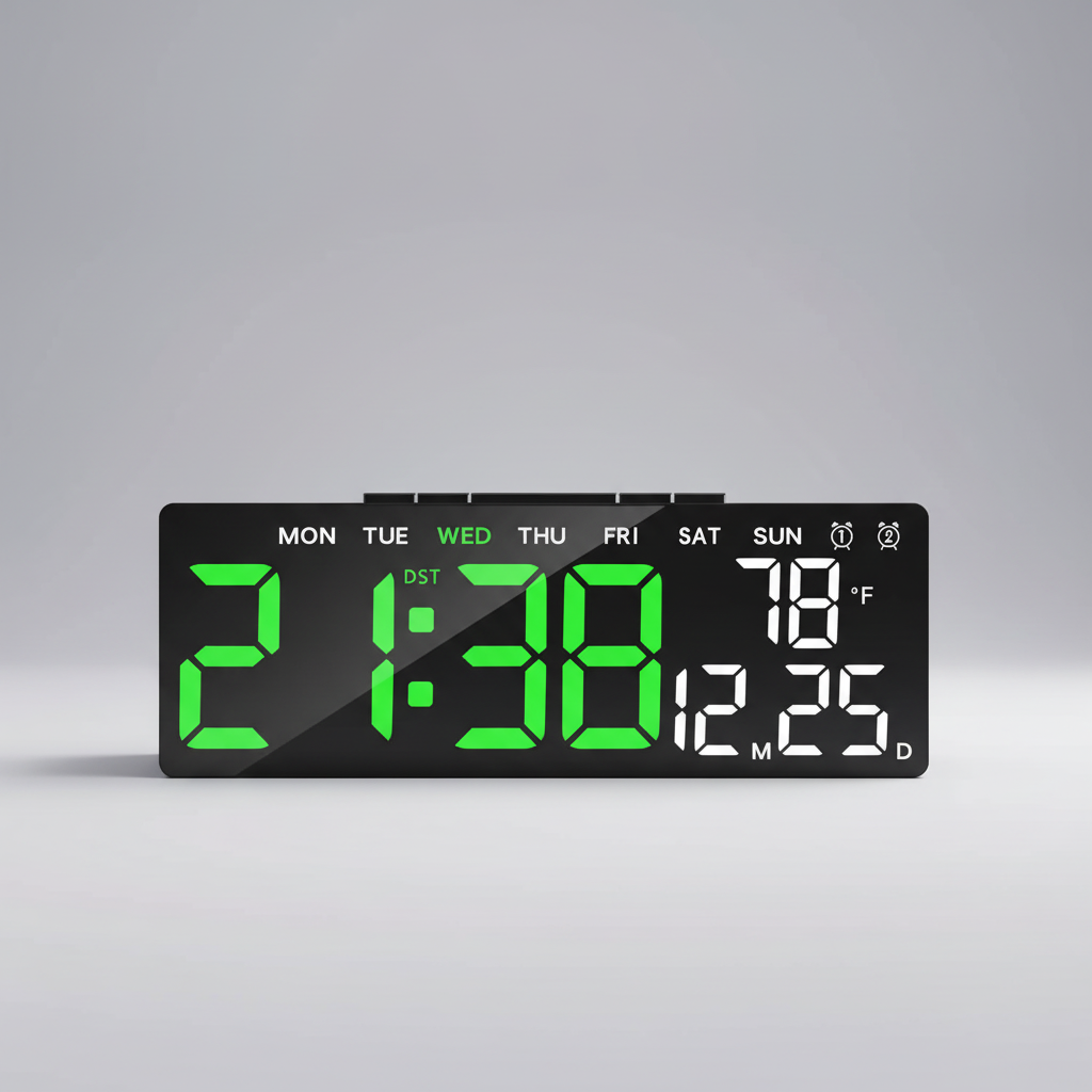 Modern digital alarm clock with LED display showing time and temperature