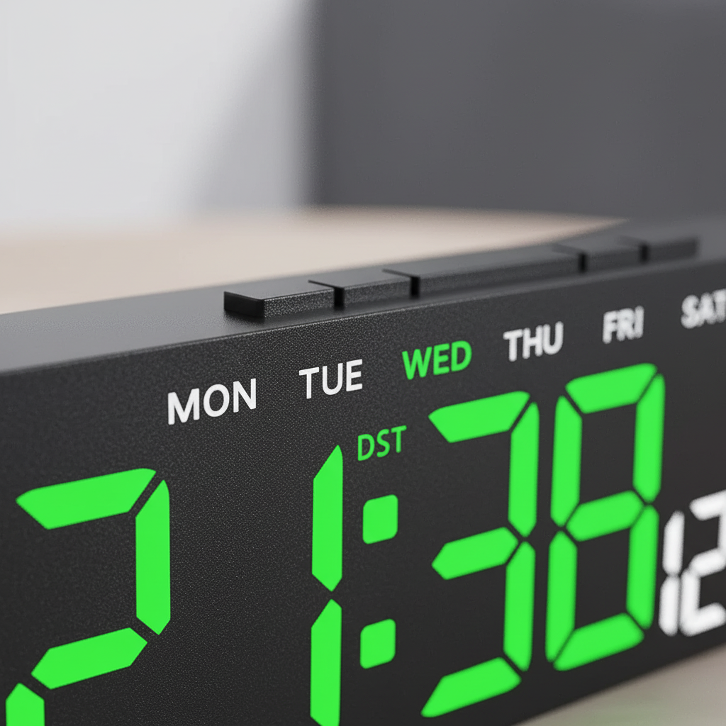 Modern digital alarm clock with LED display showing time and temperature