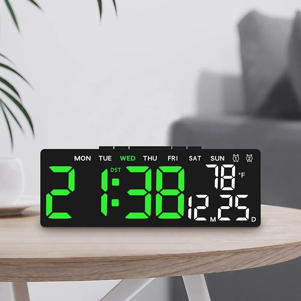 Modern digital alarm clock with LED display showing time and temperature