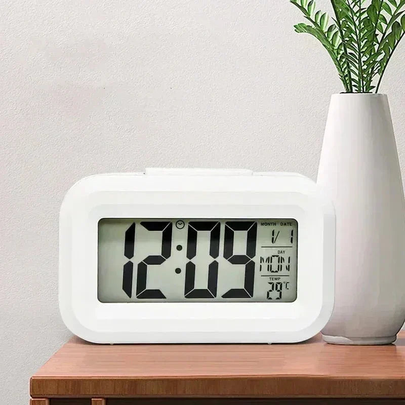 Large LED digital alarm clock with calendar date temperature display