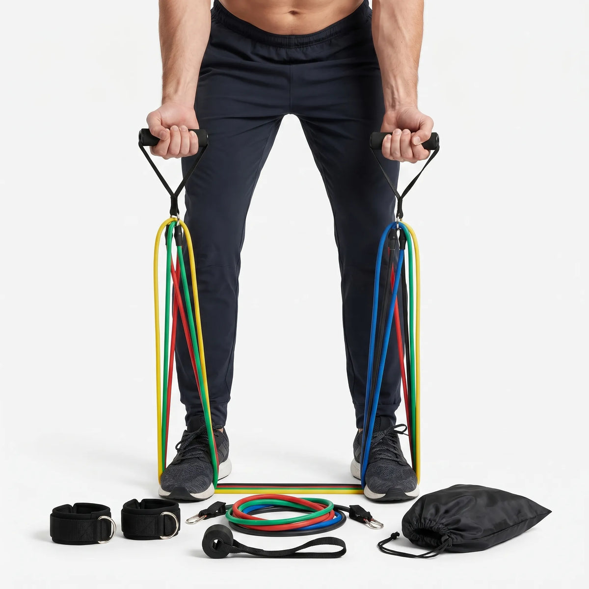 11-piece resistance band set with colour-coded bands, handles and straps