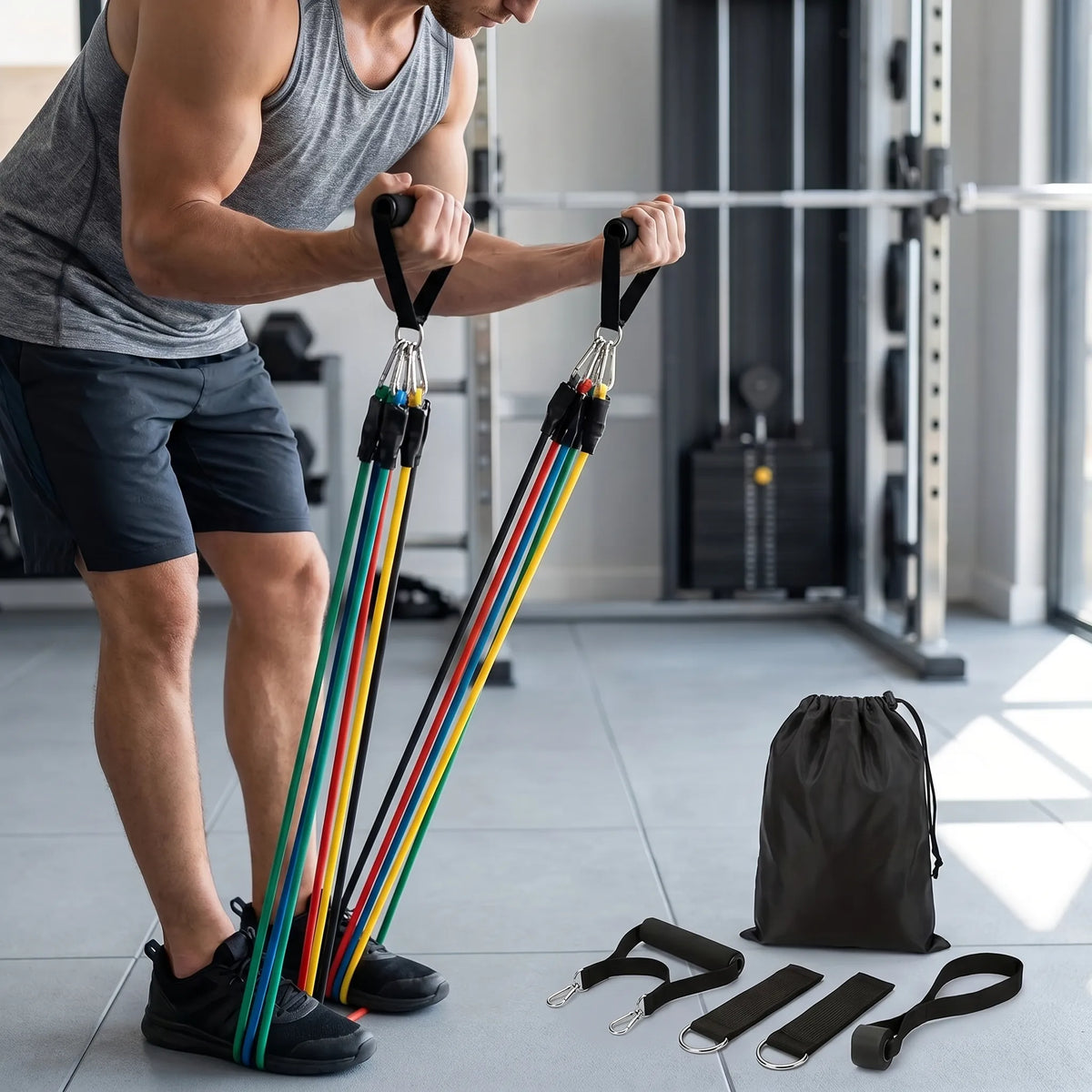 11-piece resistance band set with colour-coded bands, handles and straps