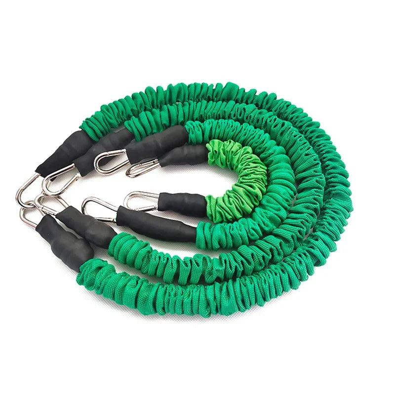 Fabric covered resistance band with metal carabiner clips and progressive tension