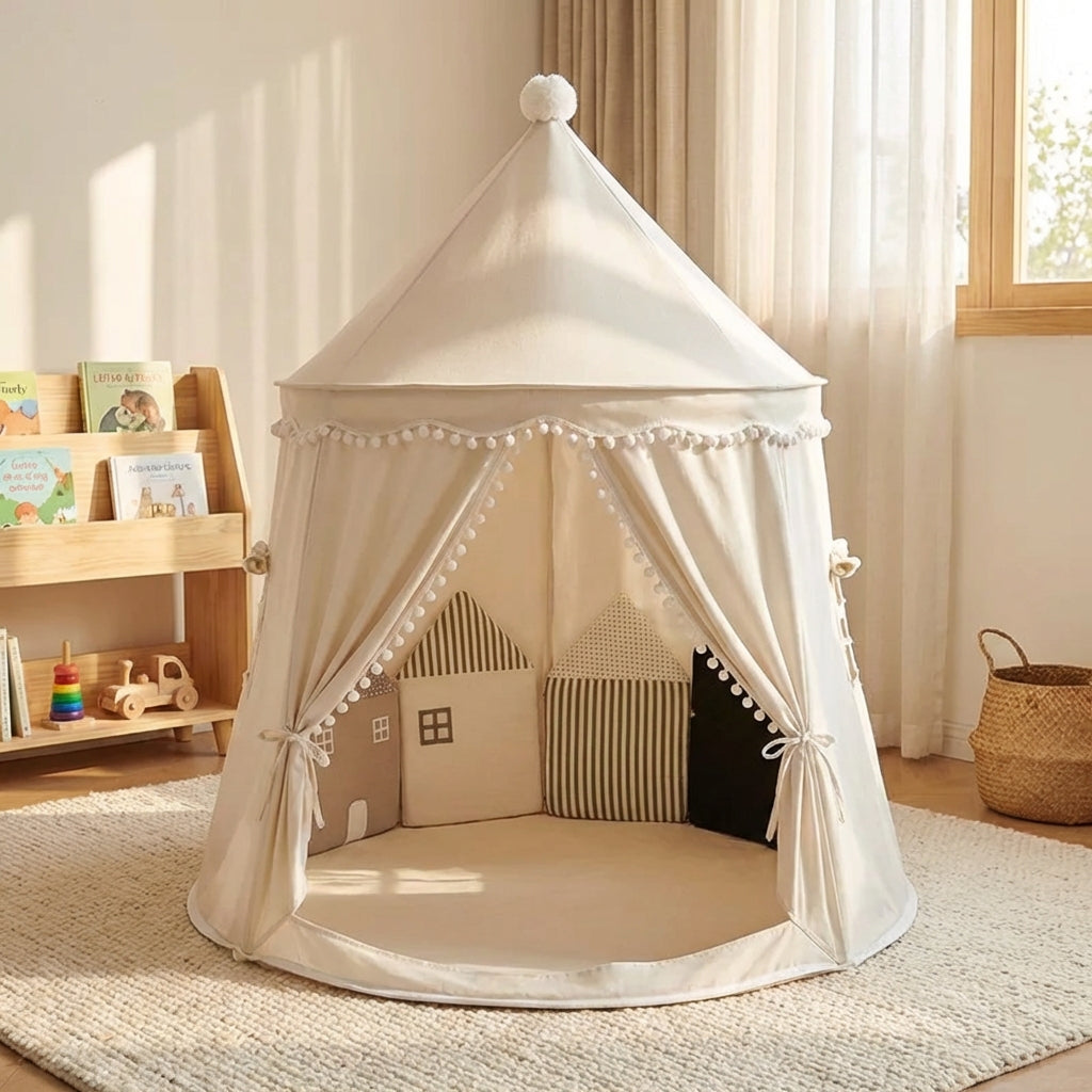Large foldable kids play teepee with peaked roof and cosy interior