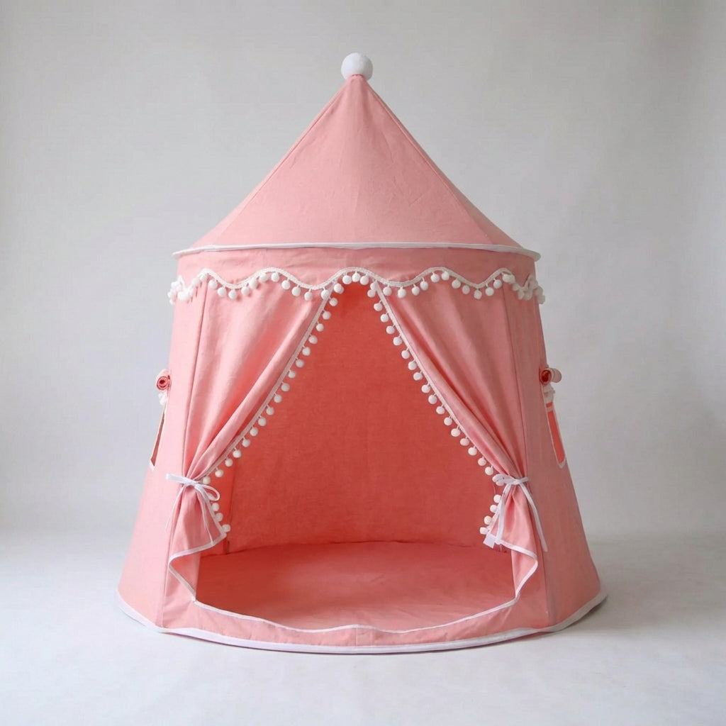 Large foldable kids play teepee with peaked roof and cosy interior