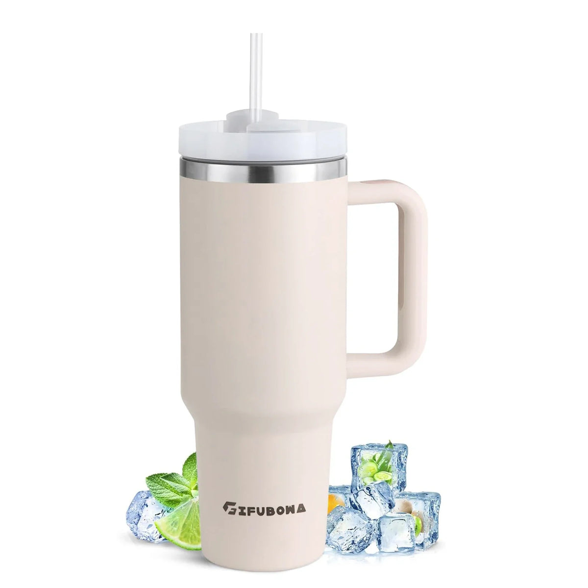 Insulated stainless steel travel mug with straw lid and ergonomic handle
