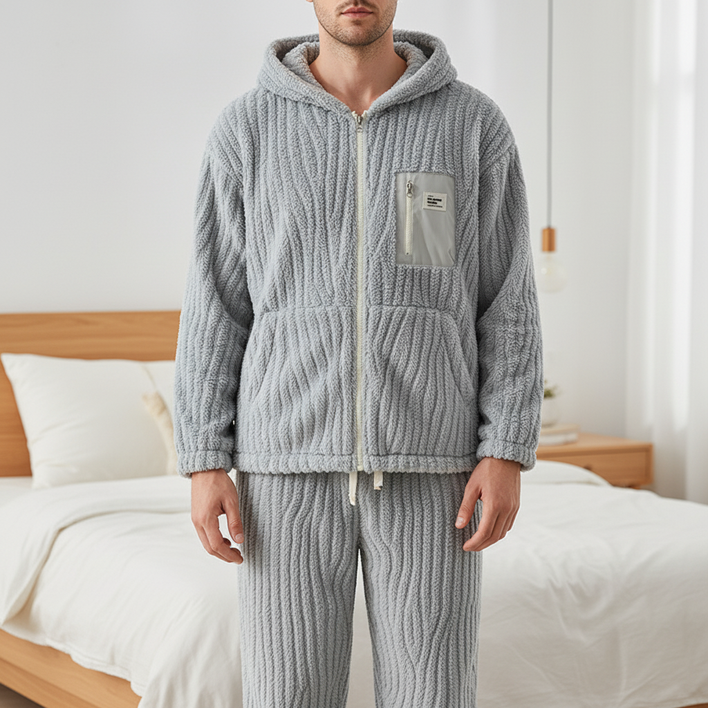 Hooded pyjama set with zip jacket and warm plush texture