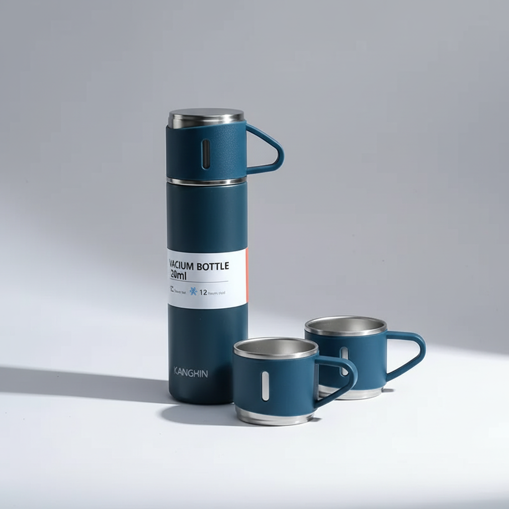 Stainless steel vacuum insulated bottle with matching mugs for travel