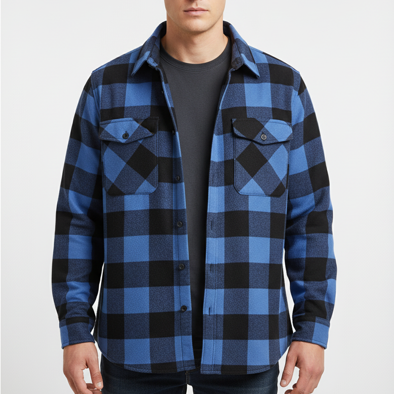Men's fleece lined check flannel overshirt with long sleeves