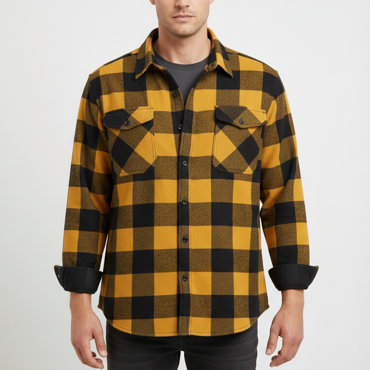 Men's fleece lined check flannel overshirt with long sleeves