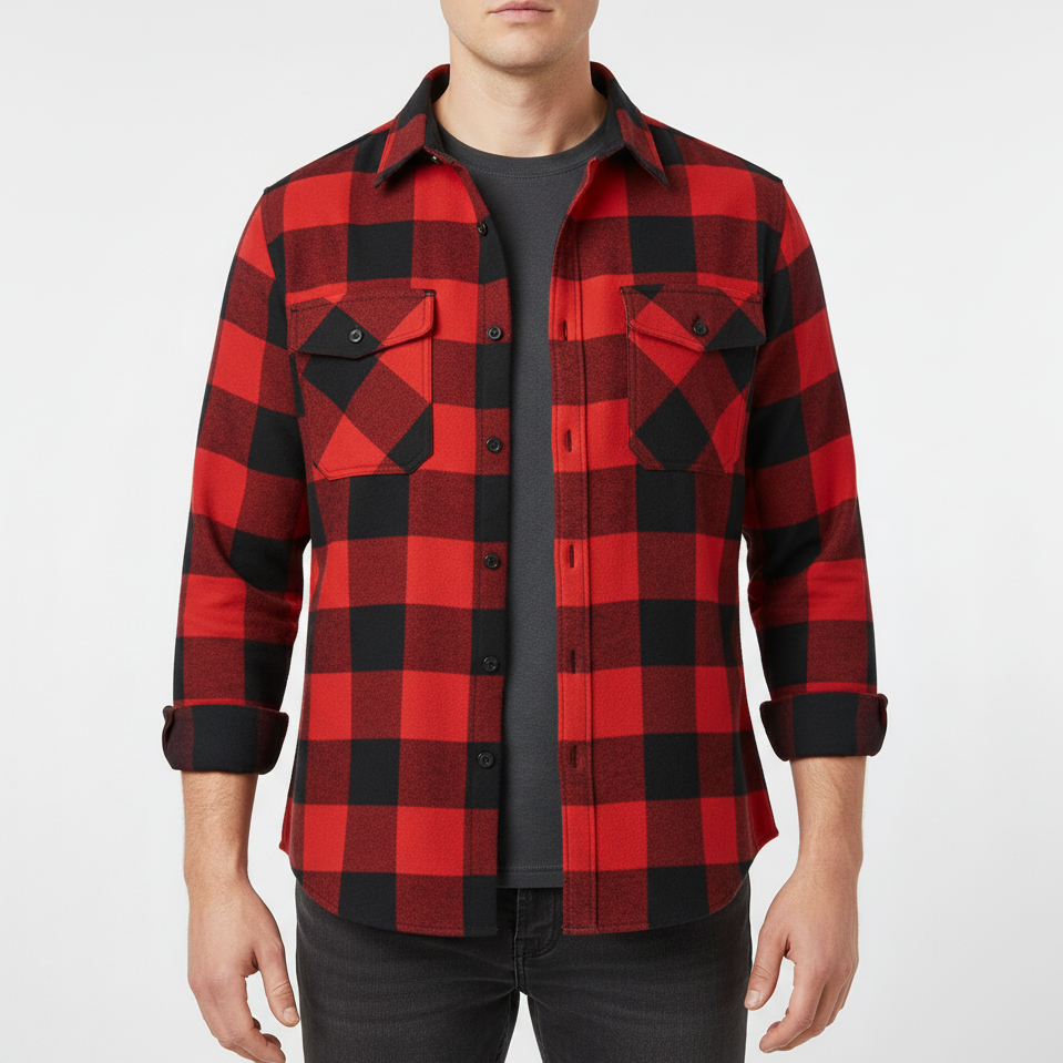Men's fleece lined check flannel overshirt with long sleeves