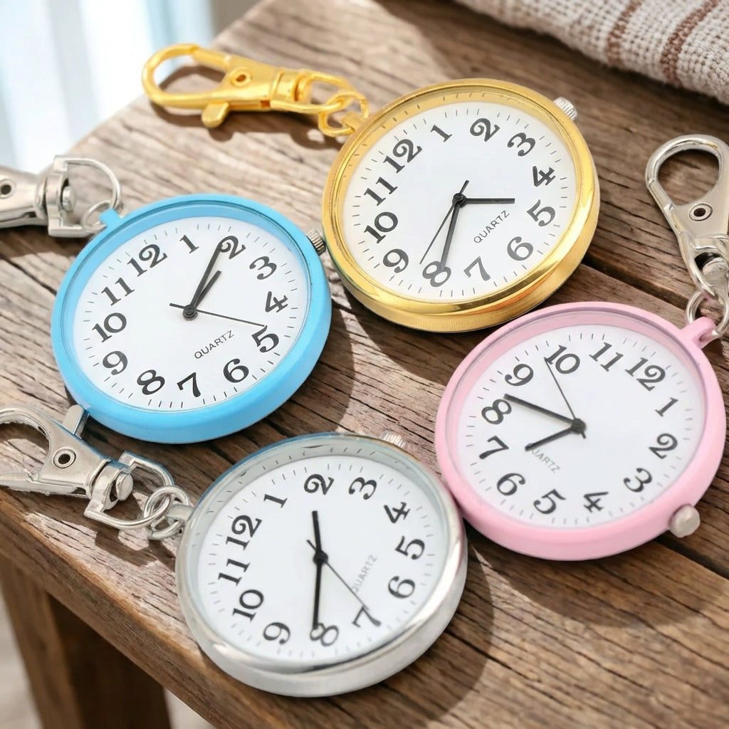 Compact key ring pocket watch with quartz movement and large dial