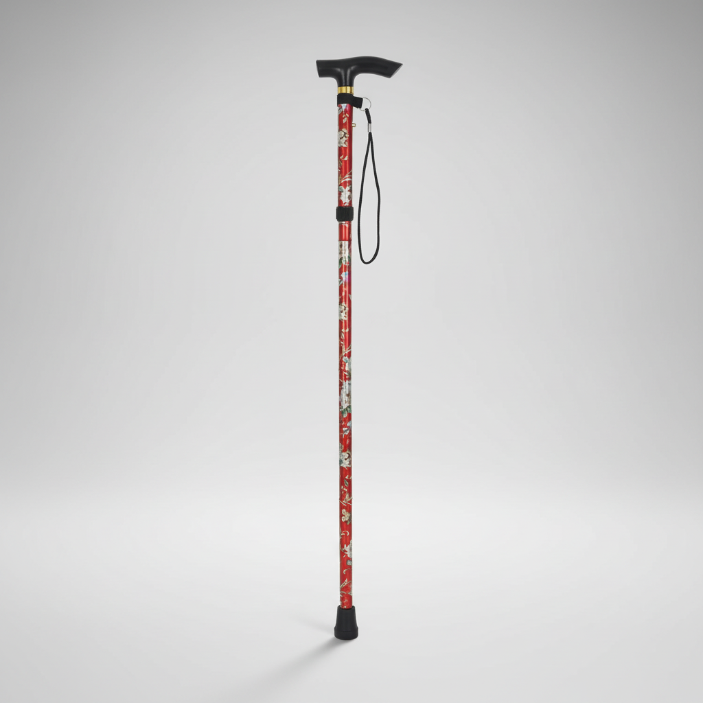 Adjustable foldable aluminium walking stick with T-handle and rubber tip