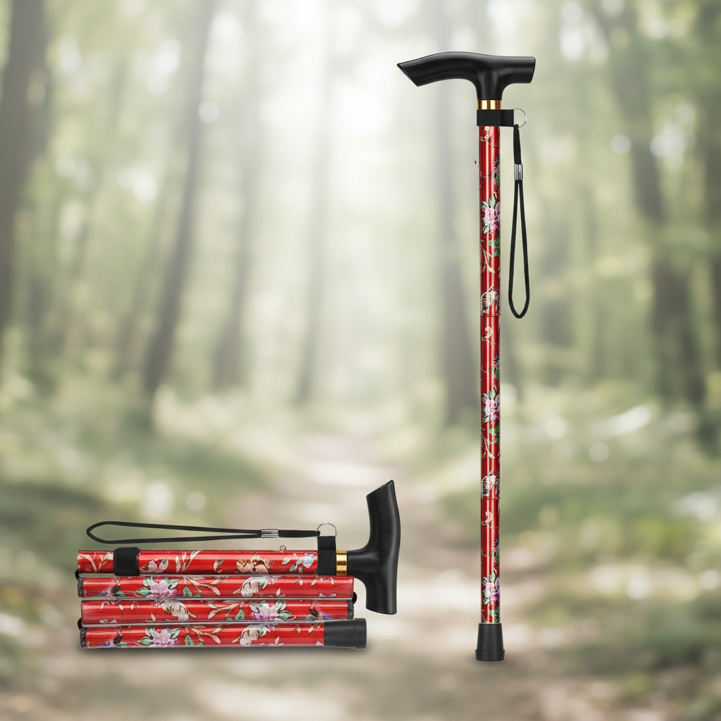 Adjustable foldable aluminium walking stick with T-handle and rubber tip