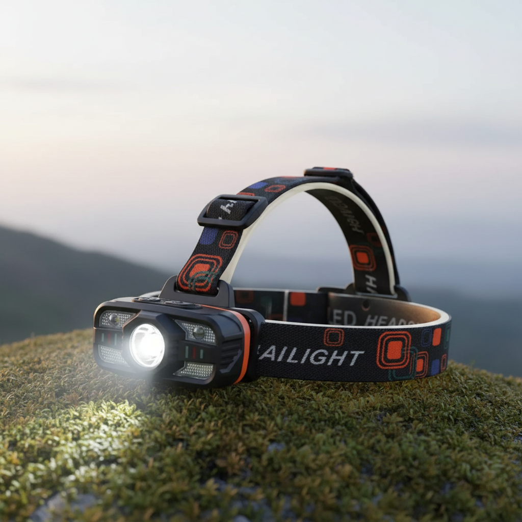 USB rechargeable LED headlamp with motion sensor and adjustable strap