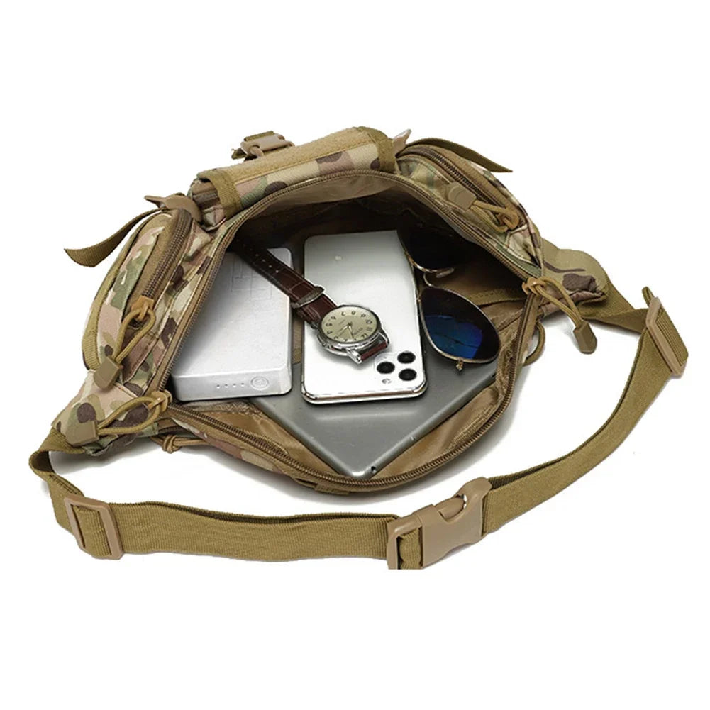 Multipocket waist pouch with organised compartments and adjustable strap