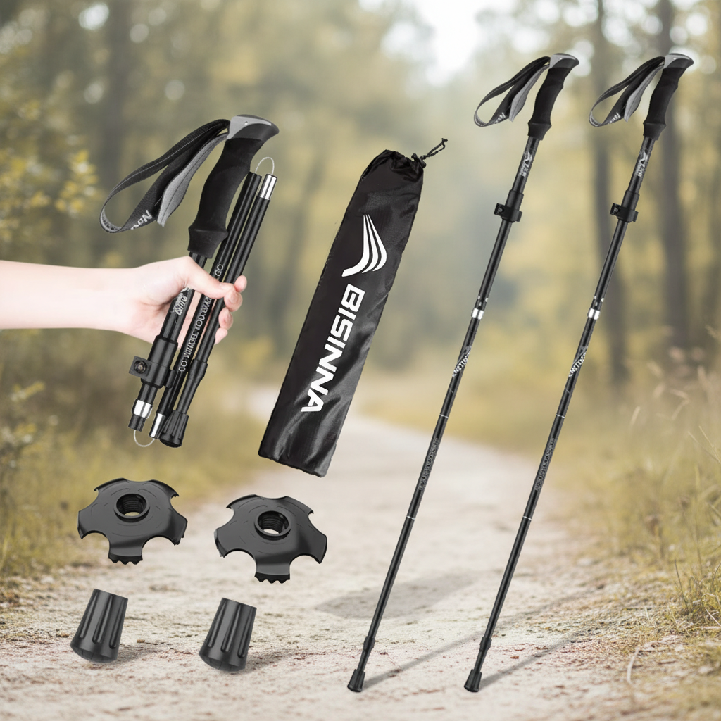Ultralight folding trekking poles with EVA grip and tungsten steel tips