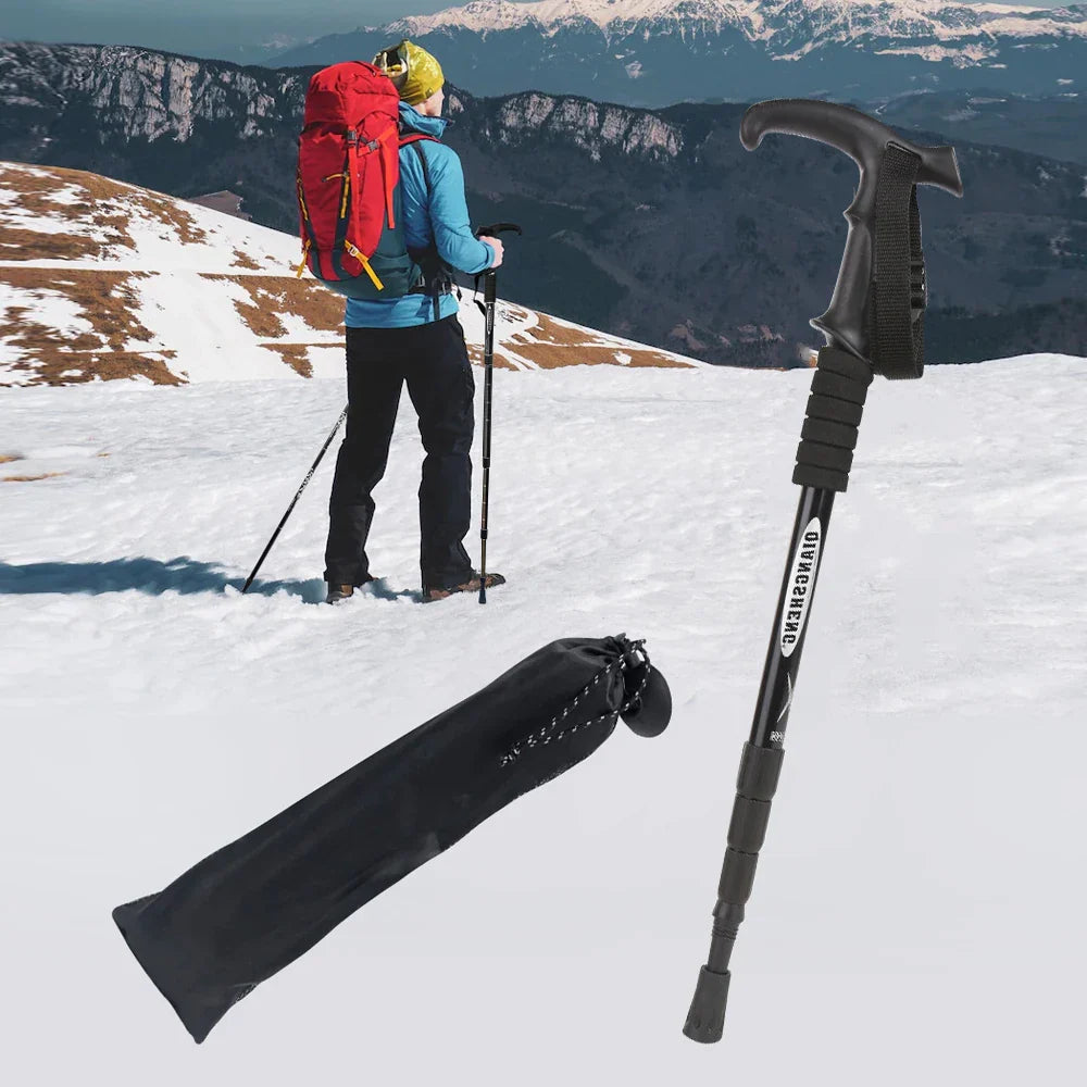 Foldable trekking pole with ergonomic T-handle and aluminium shaft