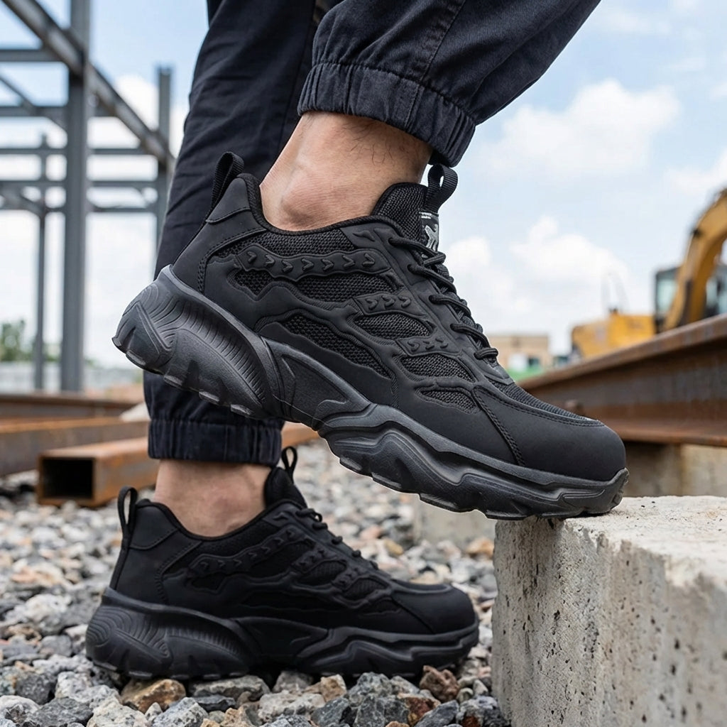 Lightweight protective work shoes with puncture-resistant sole and breathable mesh