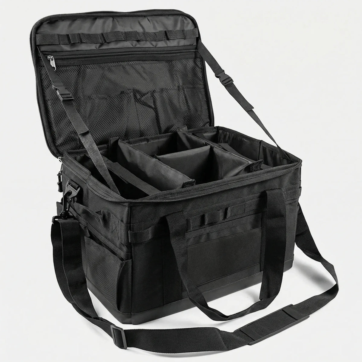 Large capacity camping organiser bag with rigid base and removable dividers