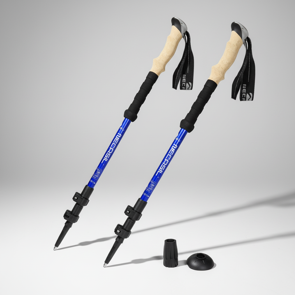 Adjustable trekking poles with cork grips and tungsten tips