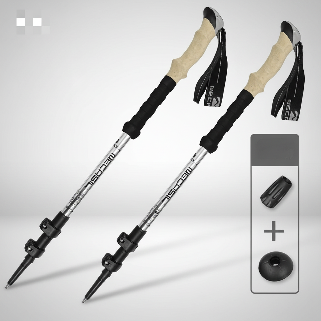 Adjustable trekking poles with cork grips and tungsten tips