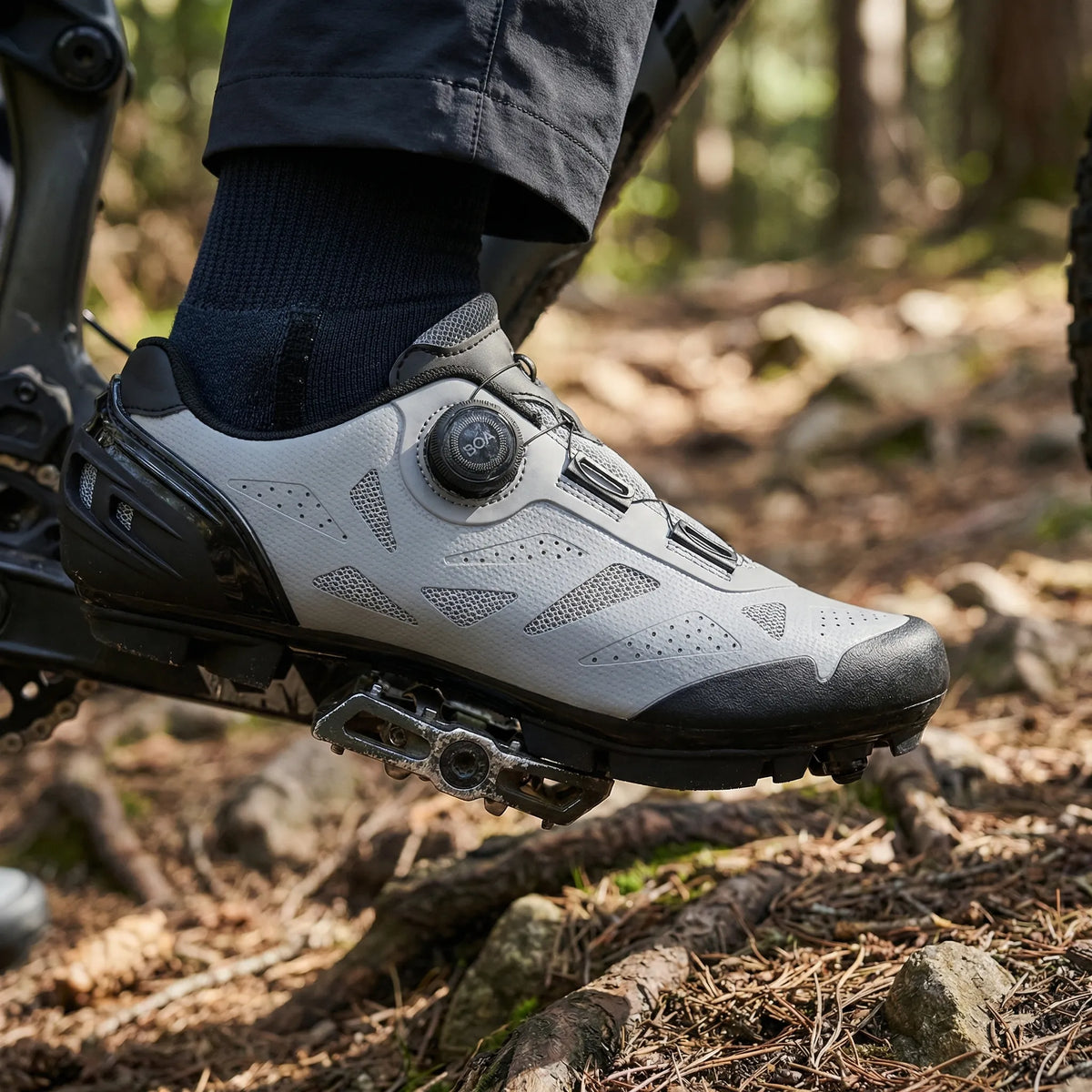 Mountain bike cycling shoes with rotary dial closure and SPD cleat-compatible sole