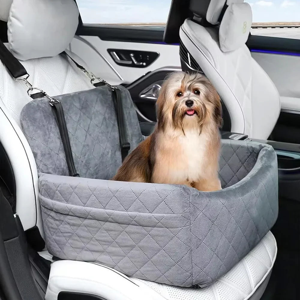 Quilted pet car seat with non-slip base and headrest straps
