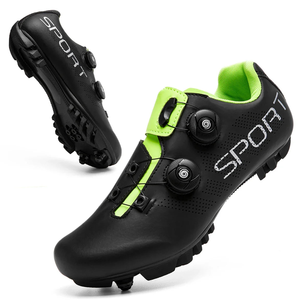 MTB cycling shoes with dual rotary dial closure and SPD cleat compatibility