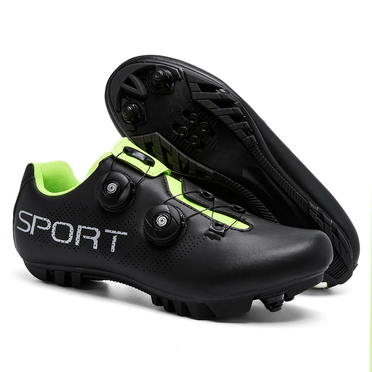 MTB cycling shoes with dual rotary dial closure and SPD cleat compatibility
