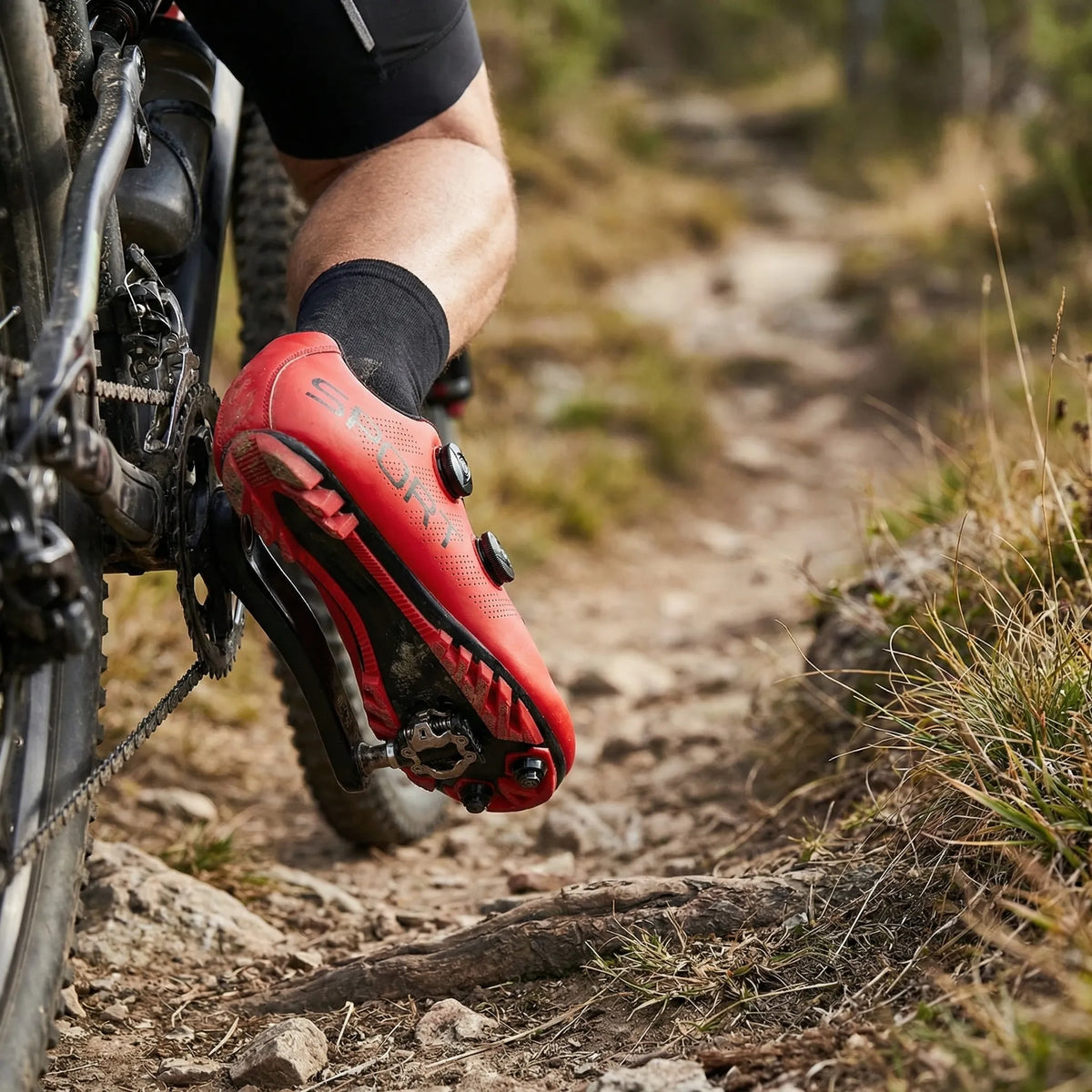 MTB cycling shoes with dual rotary dial closure and SPD cleat compatibility