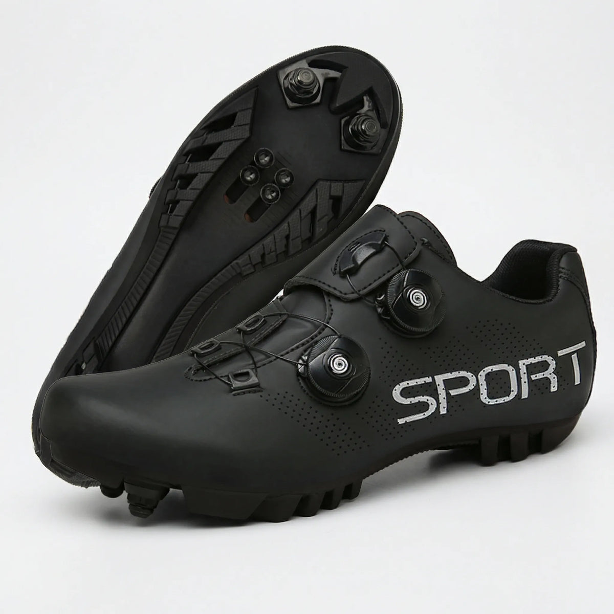 MTB cycling shoes with dual rotary dial closure and SPD cleat compatibility