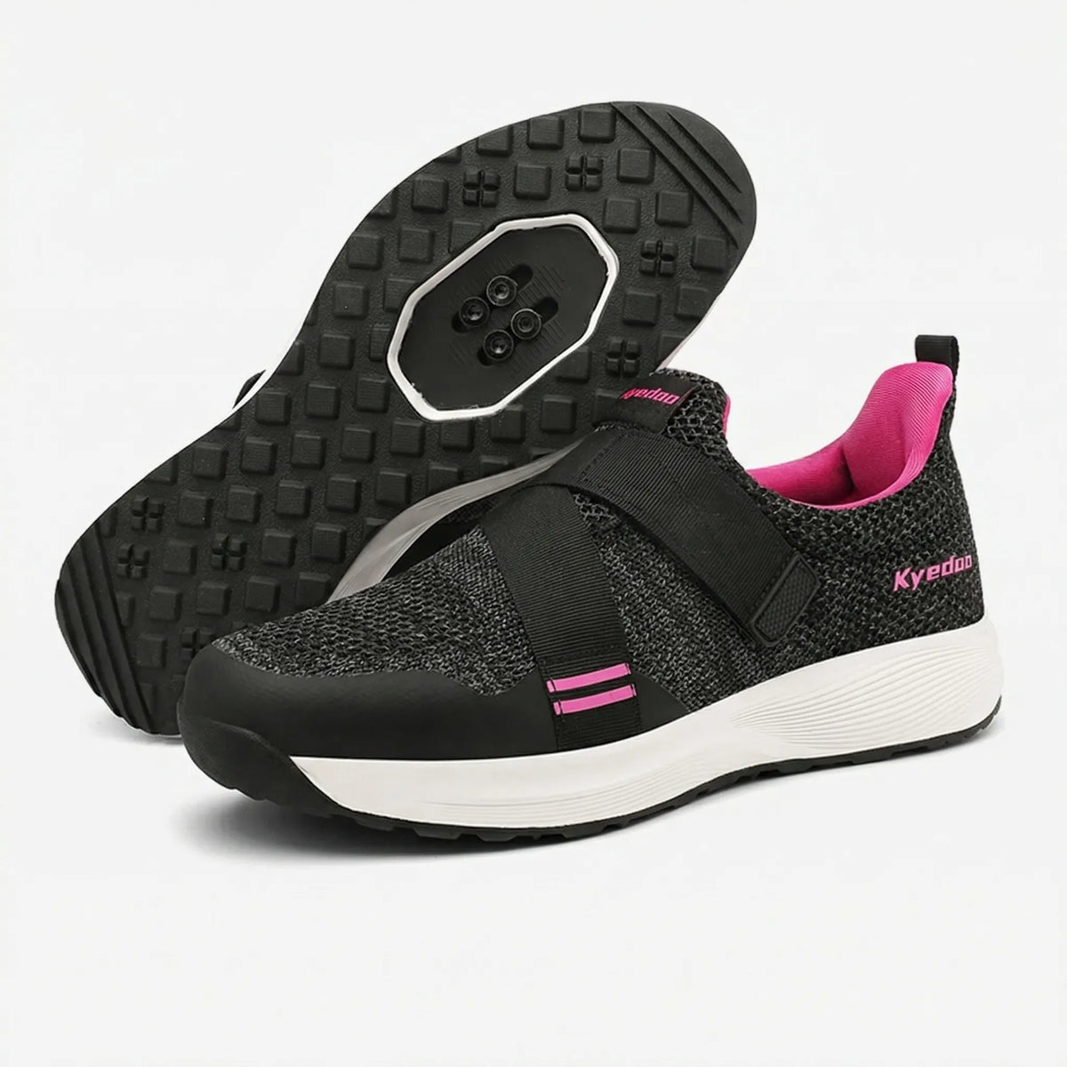 MTB flat pedal cycling shoe with breathable woven upper and strap closure
