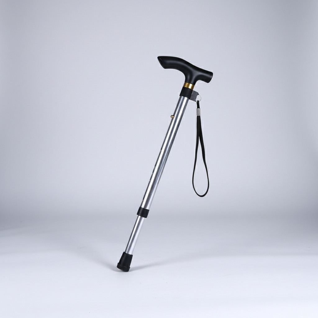 Collapsible five-section trekking pole with straight grip handle and wrist strap