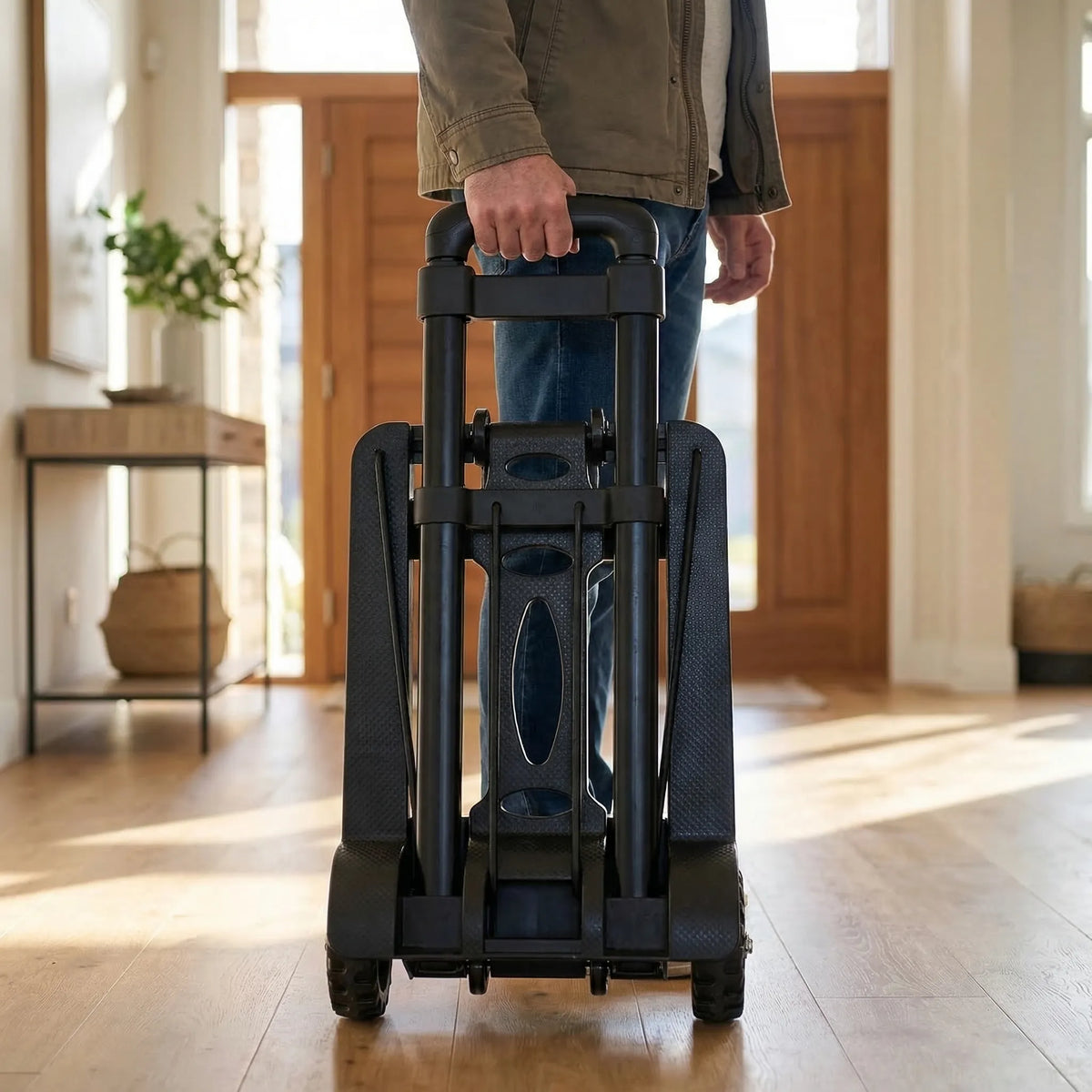 Foldable hand trolley with telescopic pull-rod handle and flat platform