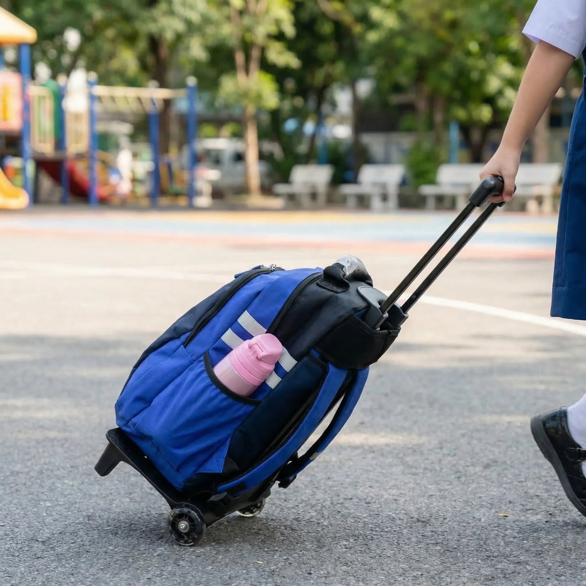Kids collapsible backpack trolley with telescopic handle and wheels