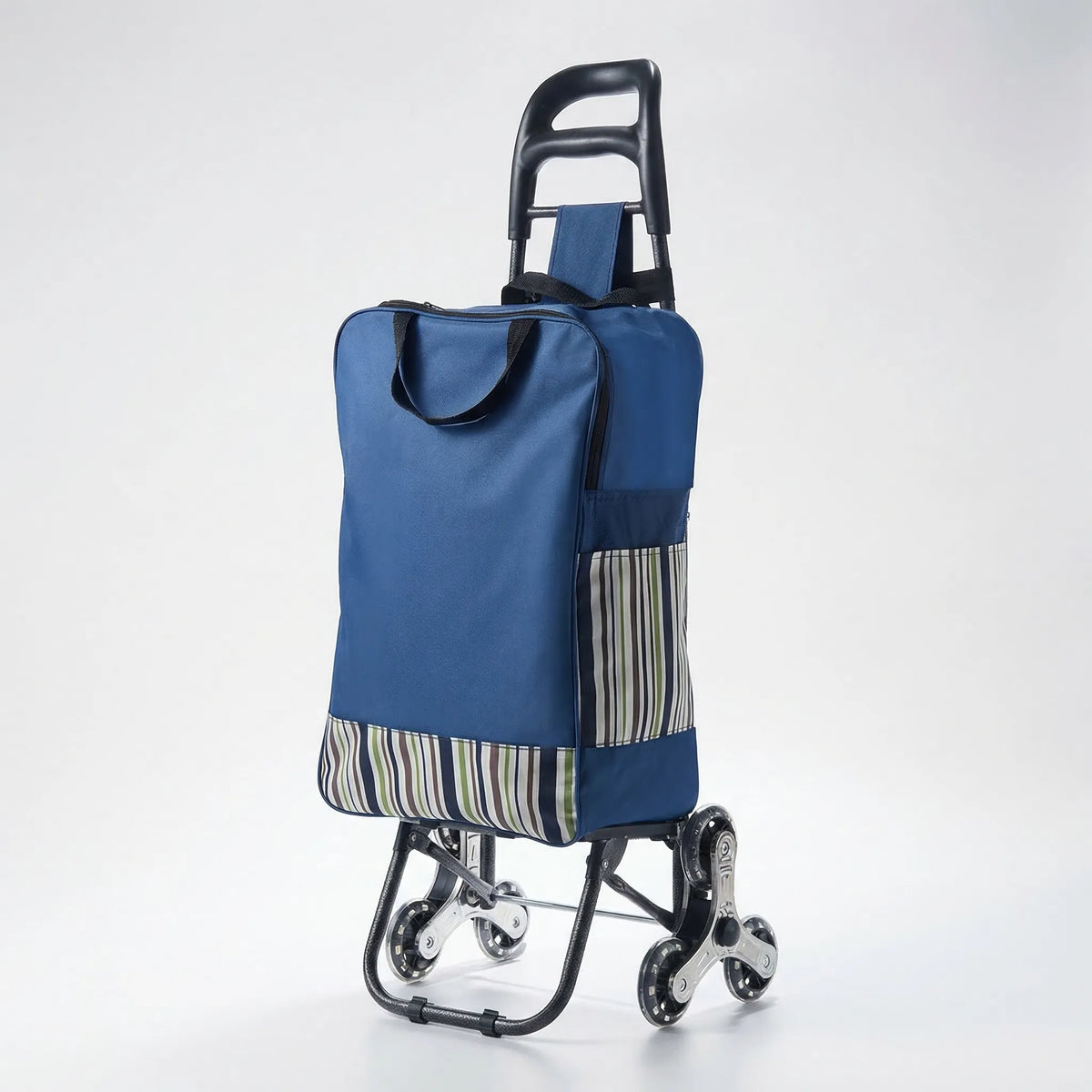 Stair-climbing folding shopping trolley with multi-wheel base and removable bag