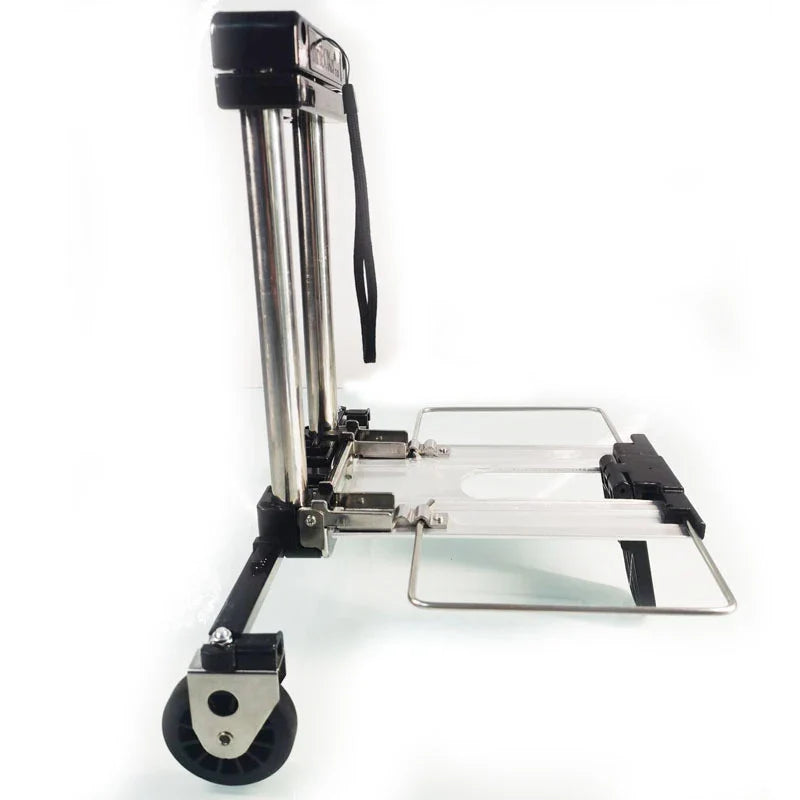 Ultra-compact foldable hand trolley collapses to A4 size