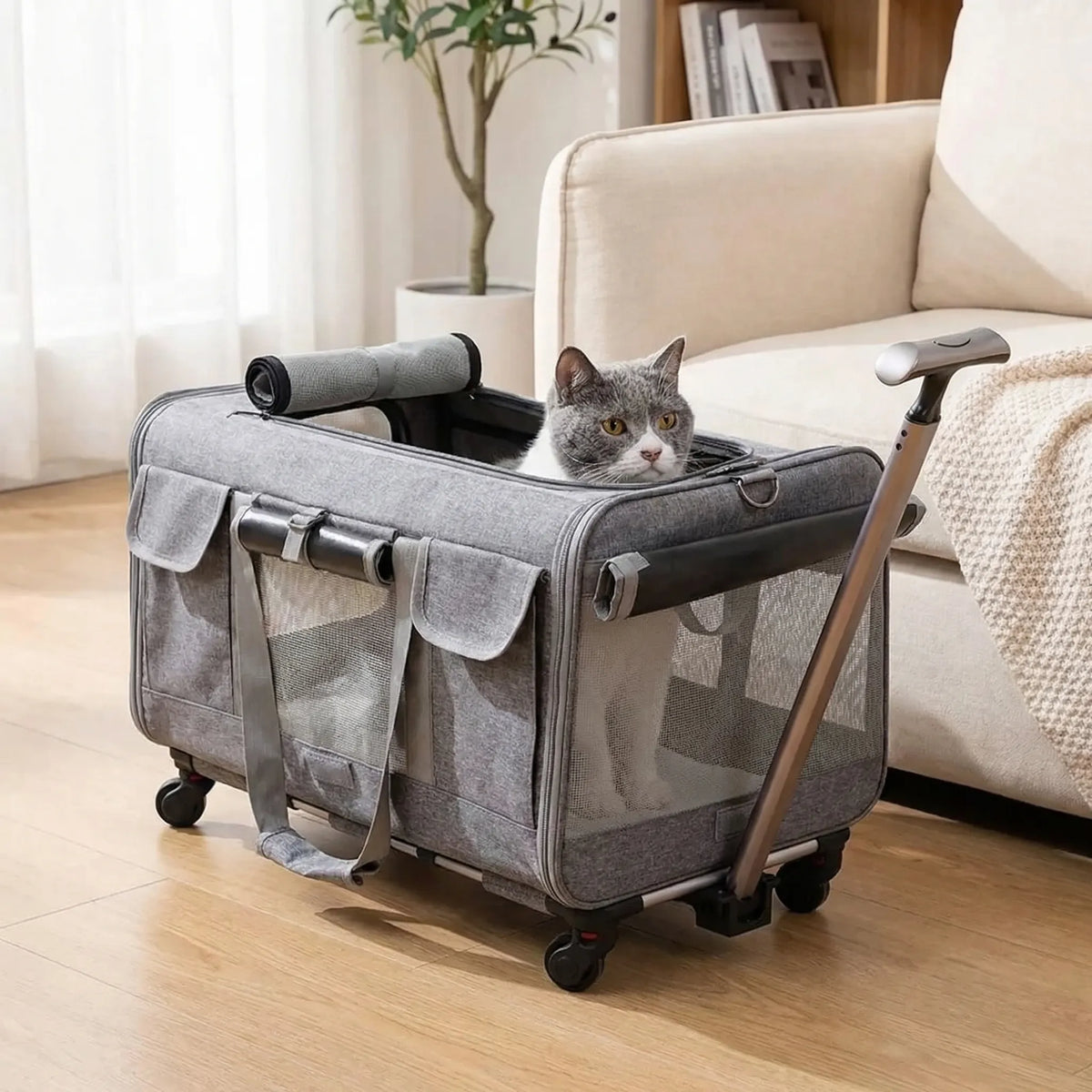 Extra large pet trolley case with ventilated mesh and detachable wheeled frame