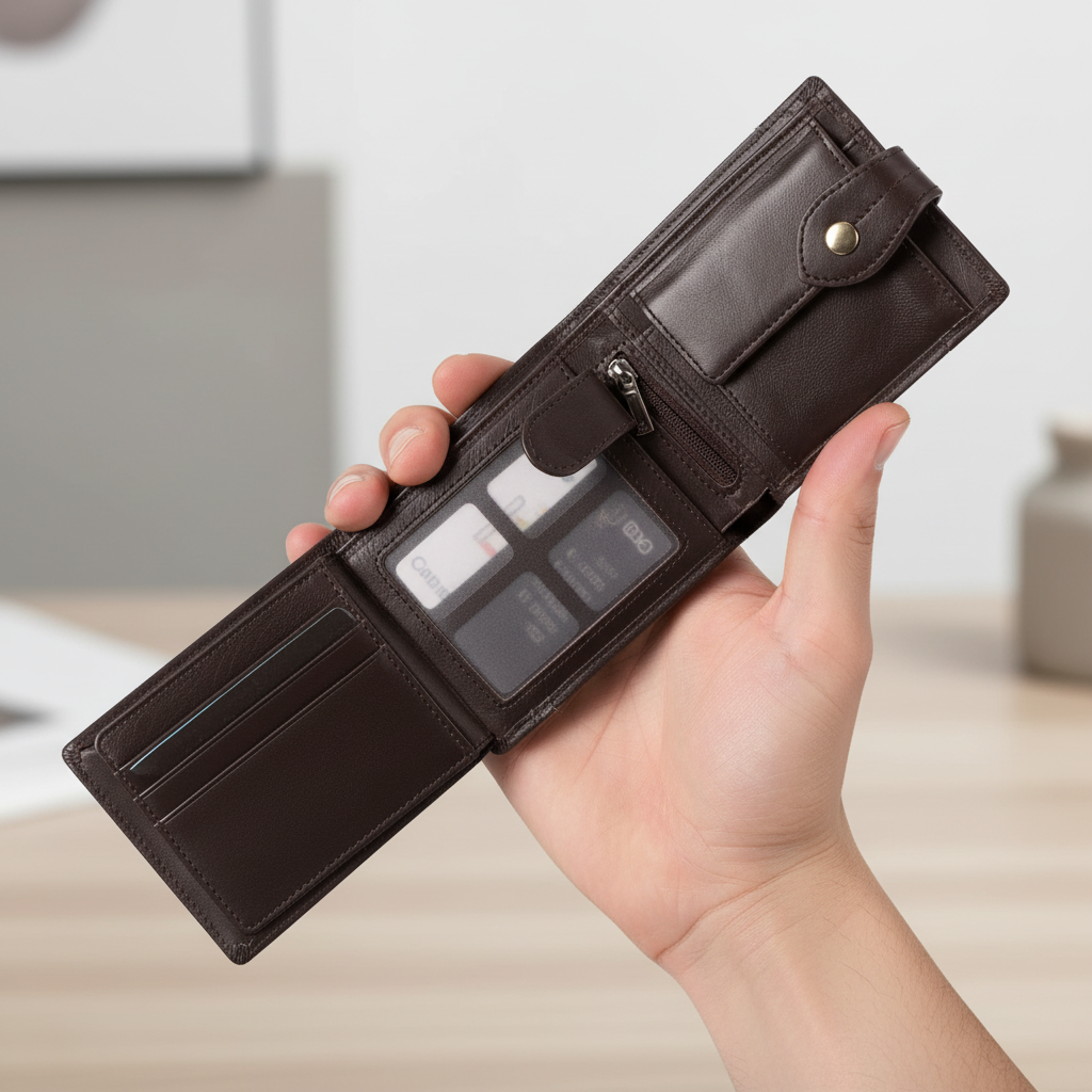 Compact trifold men's wallet with secure coin pocket and card slots
