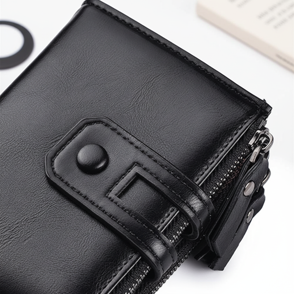 Compact men's wallet with organised card slots and double zipper coin pocket