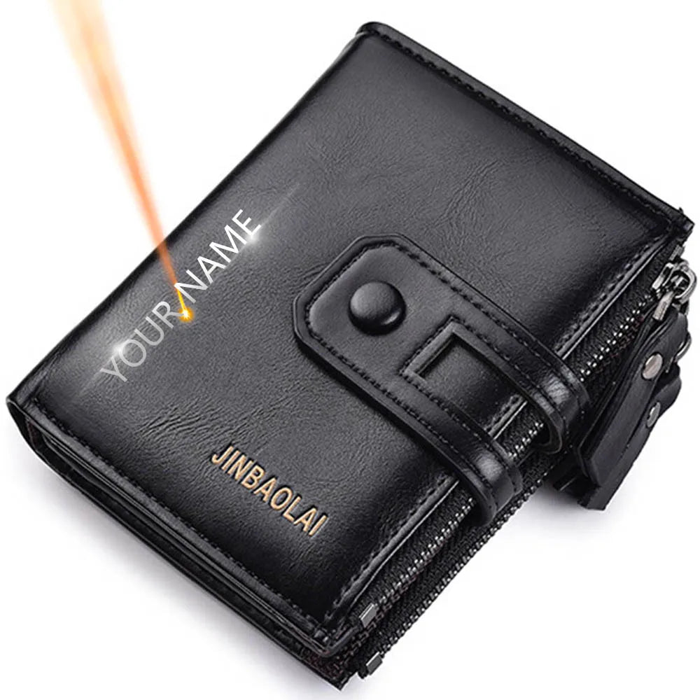 Compact men's wallet with organised card slots and double zipper coin pocket