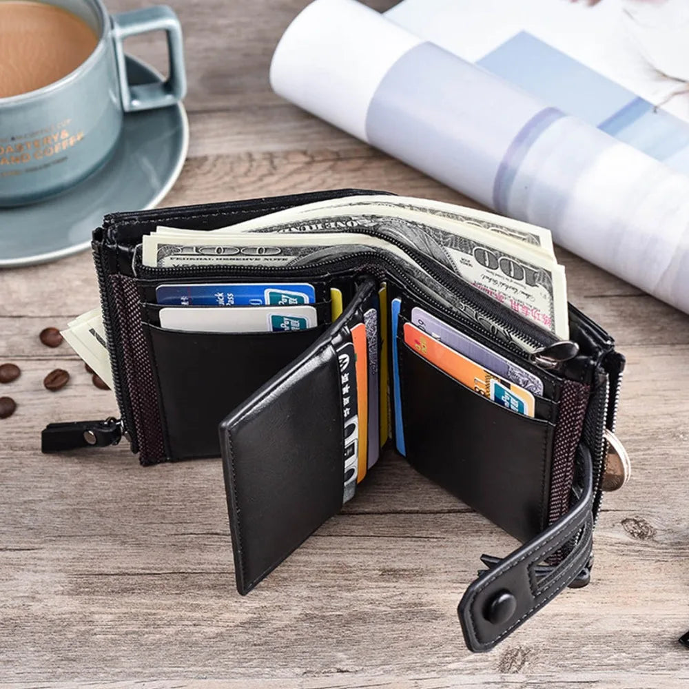 Compact men's wallet with organised card slots and double zipper coin pocket