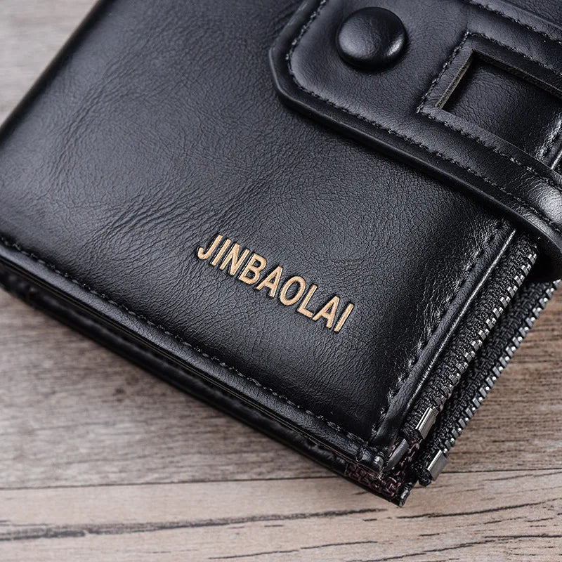 Compact men's wallet with organised card slots and double zipper coin pocket