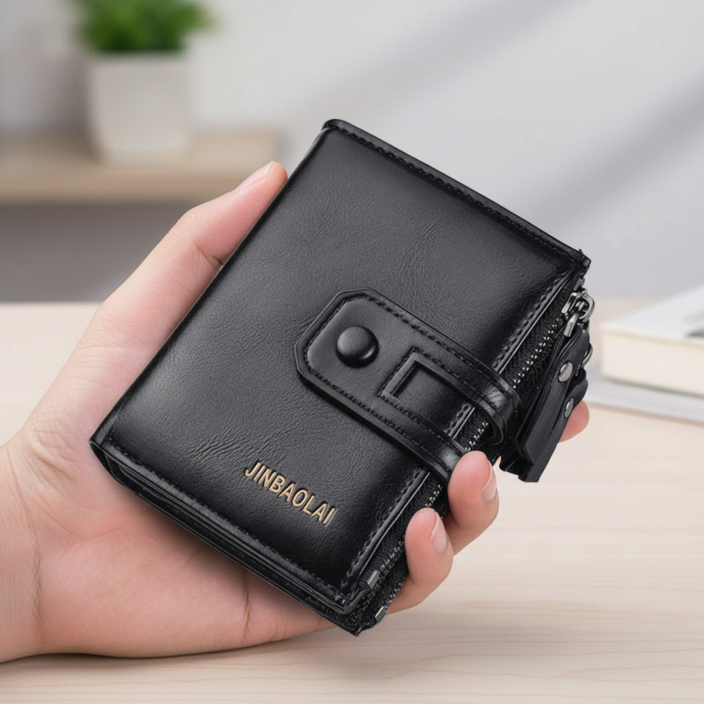 Compact men's wallet with organised card slots and double zipper coin pocket