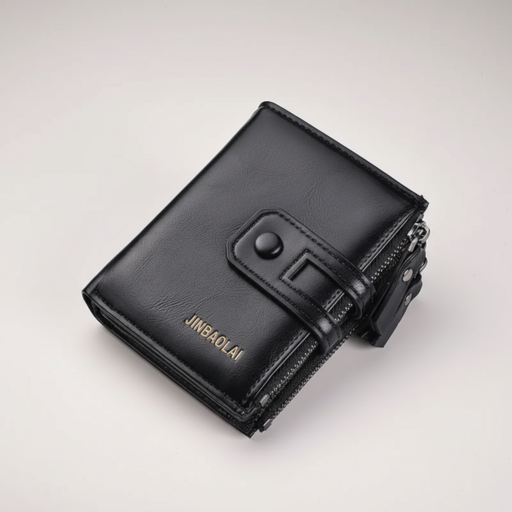 Compact men's wallet with organised card slots and double zipper coin pocket