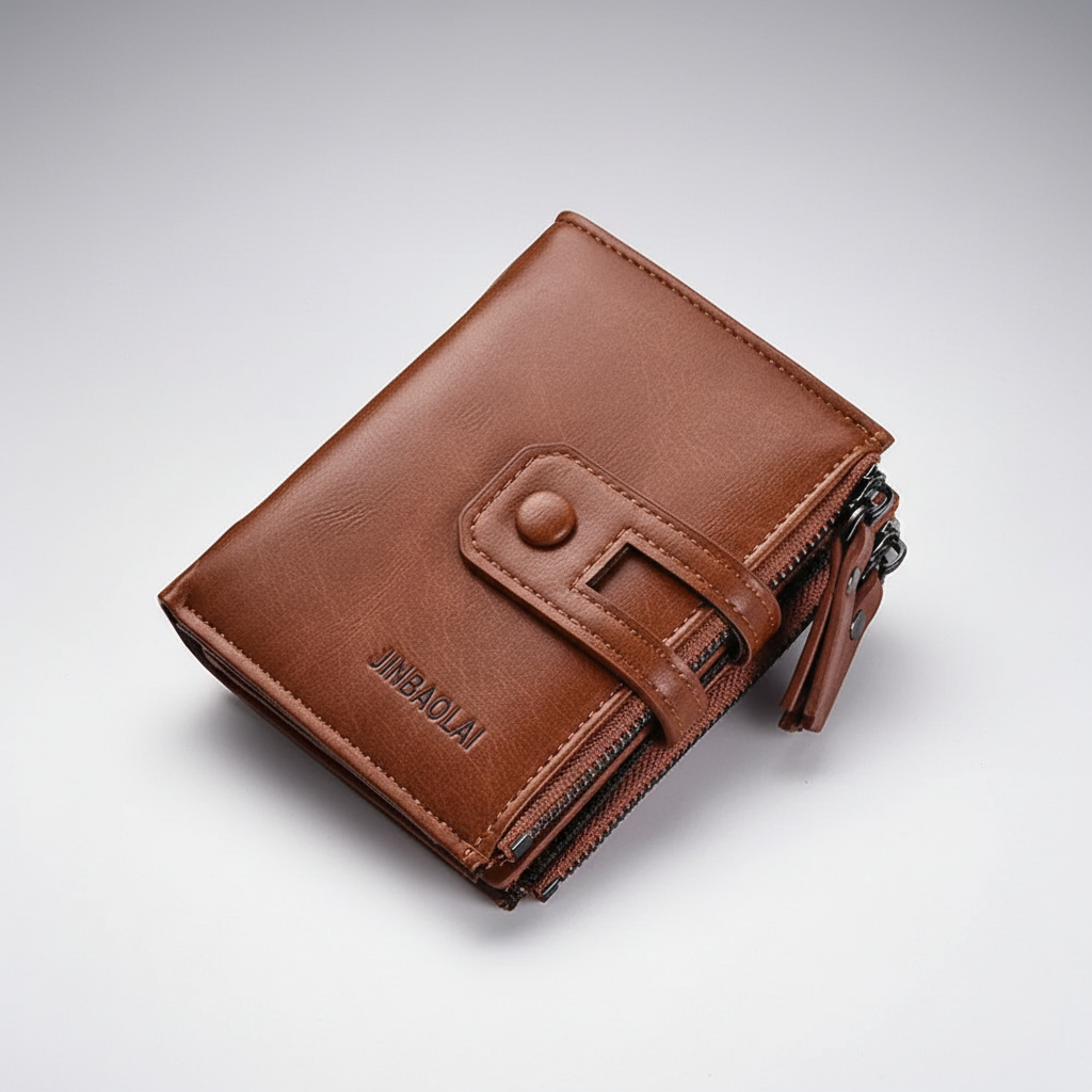 Compact men's wallet with organised card slots and double zipper coin pocket