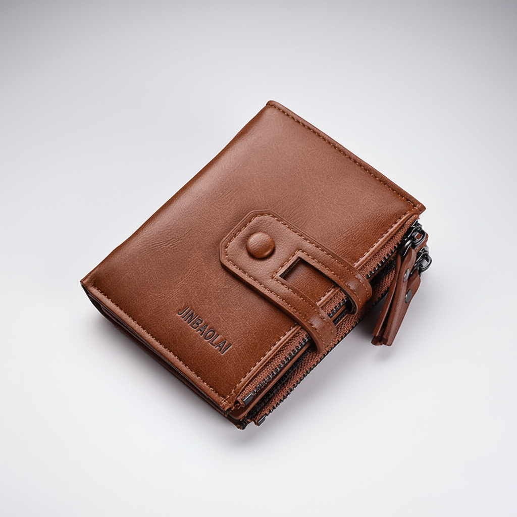 Compact men's wallet with organised card slots and double zipper coin pocket
