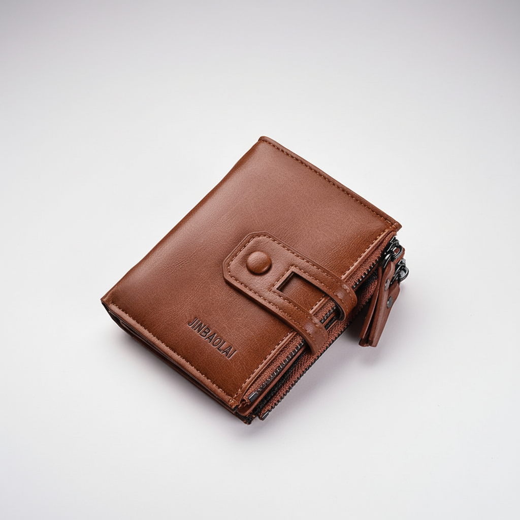 Compact men's wallet with organised card slots and double zipper coin pocket