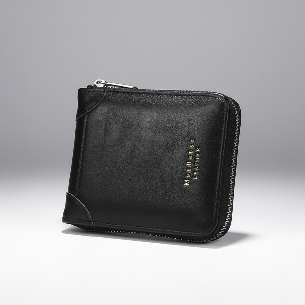 Men's compact zip around wallet with multiple card slots and coin pocket